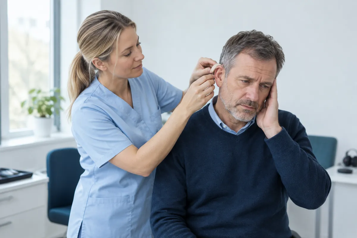 En audionom provar ut en ljudgenerator bakom örat på en trött man med tinnitus
