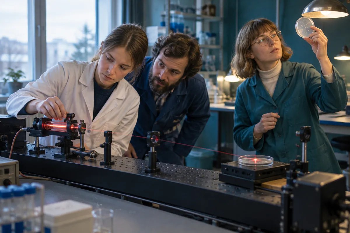 Tre forskare i ett laboratorium på 1970-talet riktar en röd laserstråle mot en odlingsskål